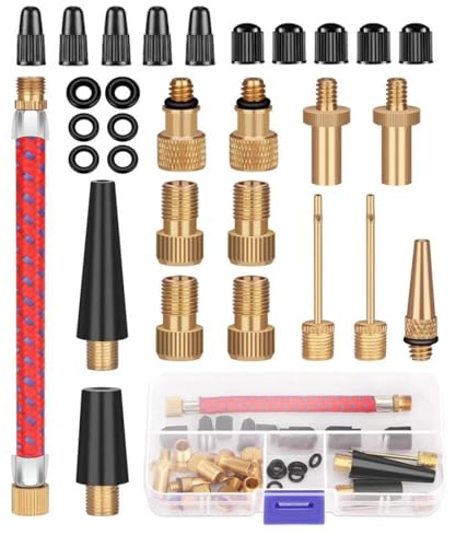 Adaptador Presta Schrader, 30 Piezas Adaptador de Valvula Bicicleta, DV AV SV Bicicleta Válvula Adaptador con Manguera de Inflado, Adaptador Valvula Bicicleta Fina a Gorda con Caja de Almacenamiento