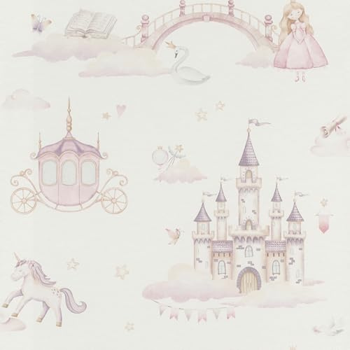 Rasch Tapete 302721 - Vliestapete mit Schlössern, Kutschen und Einhörnern, Kindertapete Prinzessin - Kollektion Kids World