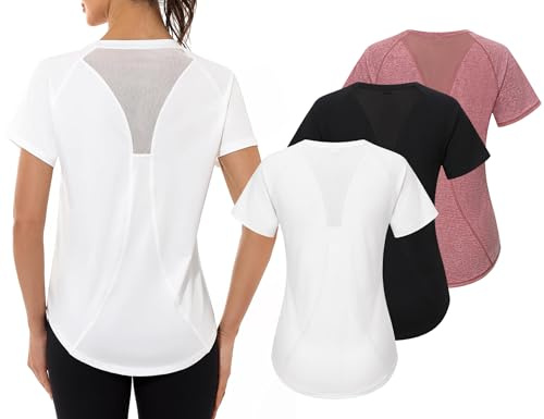 Gyabnw Tee Shirt Sport Femme Anti UV Haut de Fitness Élastique Col Rond Manche Courte Tee-Shirt Respirant Séchage Rapide UPF 50 Plus pour Yoga Course à Pied et Gym
