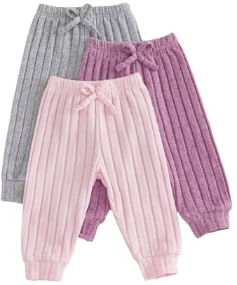 Rannyfol Toddler Baby Girl Pants 3 Pack Set Newborn Trousers Solid Color Ribbed Elastic Waist Joggers Kids Sweatpants Girls Spring Autumn Tracksuit Bottoms