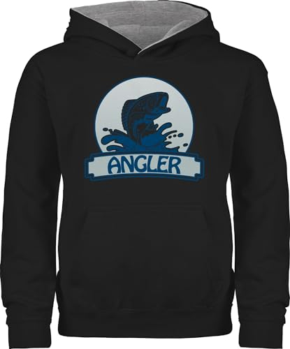 Shirtracer Pullover Kinder Hoodie Jungen Mädchen - Sport Kleidung - Angler Button - 104 (3/4 Jahre) - Schwarz/Grau meliert - 25. Geburtstag Fisch Pulli angelbekleidung Fishing Fun-Kapuzenpullover