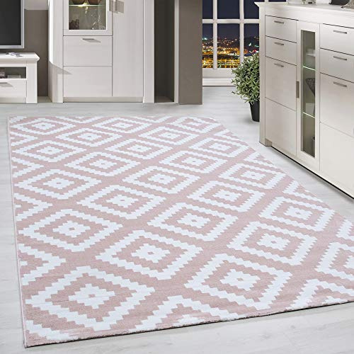 HomebyHome Teppich Wohnzimmer 80x150 cm Läufer Flurteppich Küche Rosa und Weiss Moderne Skandinavisch Design - Esszimmer und Schlafzimmer Kurzflor Teppiche Extra Weich Pflegeleicht - Boho Ethno