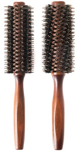 Boar Bristle Round Hair Brush Set with Nylon Pin, Wooden Handle for Straightening Curling Volumizing and Detangling (2 in 1)