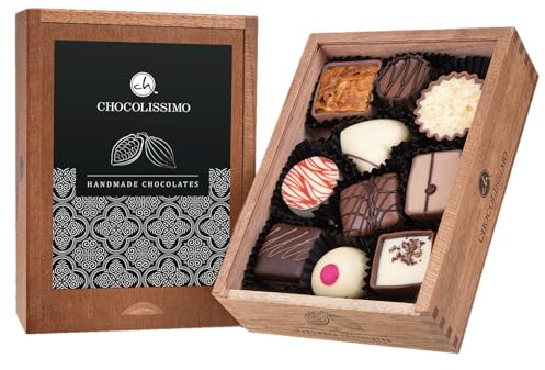 CHOCOLISSIMO Scatola regalo di cioccolato - Praline - 10 pezzi, in scatola di legno - Regali per uomo, mamma, papà, compleanni, festa della mamma - Scatola regalo per buongustai - Eleganza nera