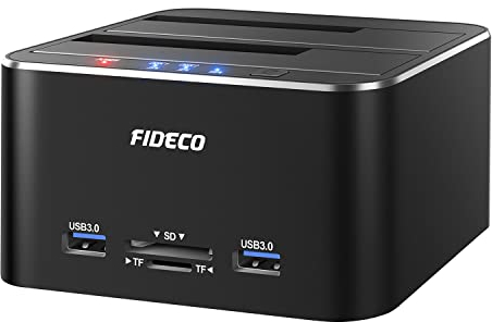 FIDECO Docking Station per Disco Rigido, Alluminio Docking Station USB 3.0 per HDD o SSD SATA da 2,5 e 3,5 Pollici, Lettore Di Schede TF e SD e 2 Porte USB 3.0, Supporto Clone Offline