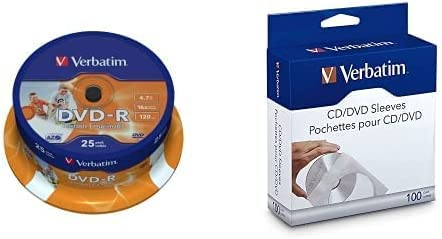Verbatim DVD-R Wide Inkjet Printable 4.7GB I 25er Pack Spindel I DVD Rohlinge bedruckbar I 16-fache Brenngeschwindigkeit & Hardcoat Scratch Guard I inklusive 100 BD Hüllen