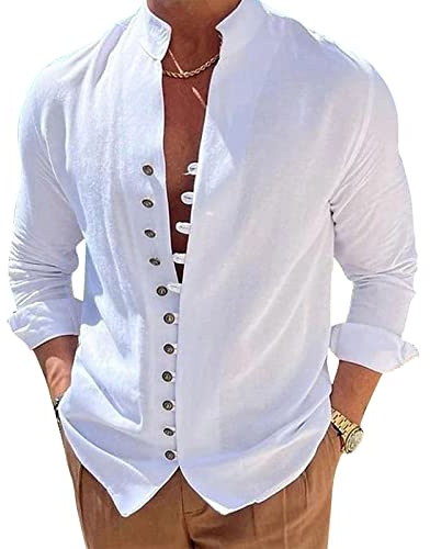 NIBESSER Camicia Lino Uomo Manica Lunga Camicia Uomo Elegante Estiva Camicia Casual Coreana Uomo con Bottoni Tinta Unita Traspirante per Mare Spiaggia Vacanza, Bianco, L