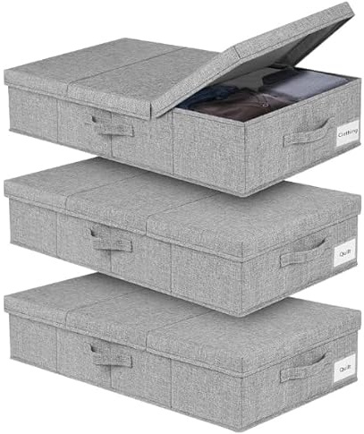 JUPELI 3 cajas de almacenamiento plegables para debajo de la cama, 15 cm de alto, para debajo de la cama, cómodas, estables, con tapa y asa, para mantas, ropa, edredones, juguetes, zapatos