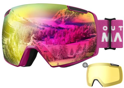 OutdoorMaster Heron Ski Goggles with 2 Lens, Frameless, Magnetic Interchangeable HD Toric Lens, OTG Snowboard Goggles(RoseFrame RevoPink Vlt 13% + YellowLens)