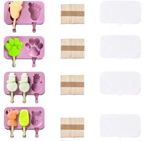 SRJQXH 4 Pezzi Formine per Gelati, 6 Forme Stampi Ghiaccioli Silicone, Stampi per Ghiaccioli con Coperchio Trasparente, 200 Bastoncini per Ghiaccioli per Ghiaccioli Fatti Casa