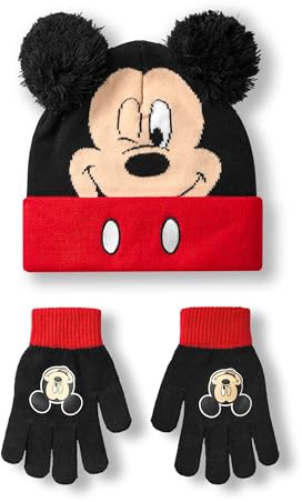 Disney Conjunto de gorro y guantes de Mickey Mouse para niños | Gorro de invierno de punto negro y rojo con pompones | Gorro y guantes de talla única para niños con cara del personaje