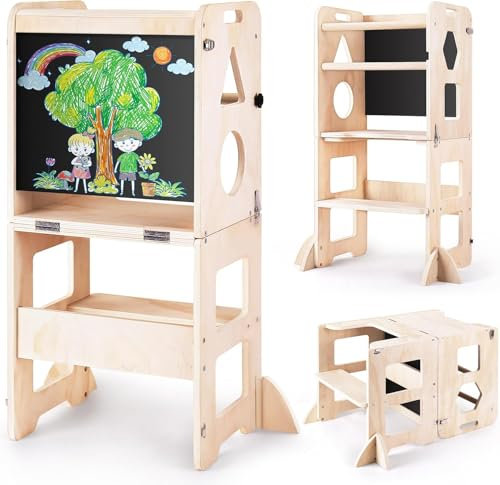 Woodure Lernturm ab 1 Jahr | 3 in 1 Learning Tower für Kinder | Klappbare Tritthocker mit Tafel | Lernturm Für Kinder, für Küche Tisch Bad