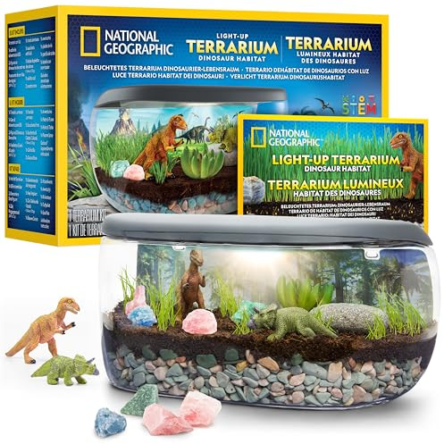 NATIONAL GEOGRAPHIC Light Up Terrarium Kit for Kids - Build a Dinosaur Habitat with Real Plants & Gemstones, Science Kit, Dinosaur Toys for Kids