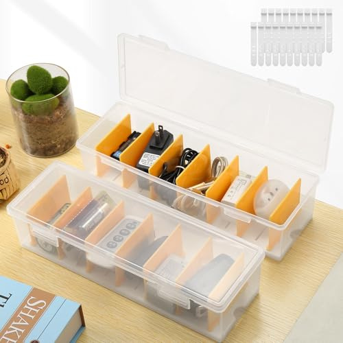 Clickinline Lot de 2 boîtes de rangement de câbles avec couvercle - Transparent - Organiseur de bureau en plastique pour chargeur/cordon/fil (29 x 9 x 6,8 cm, 7 compartiments) (B)