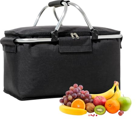 Shopping Basket Cooler Bag Insulated Picnic Basket, Premium Extra Large Cooling Cooler Cool Bag, Collapsible Lunch Bag Box, for Camping/Outdoor Activities/Family Travel/BBQ/Shopping (Black)