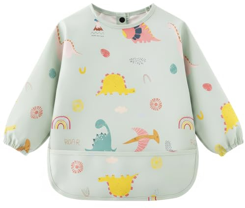 AOOTE Bavaglini a Manica Lunga, Bavaglini Impermeabili con Maniche, Bavaglino per Svezzamento con Tasca, Bavaglino Unisex Bambini, Lavabile in Lavatrice, Materiale PU, per 6 a 12 Mesi, Dinosauri
