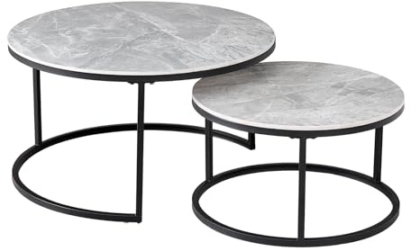 HJhomeheart 2er-Set Marmor-Couchtische mit Grauer Marmorplatte und Schwarzem Metallgestell, Moderner Runder Beistelltisch fürs Wohnzimmer – 80 x 80 x 45 cm