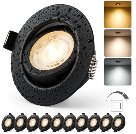 HOMEOW Infälld LED-spotlight dimbar svart svängbar extra platt hål 68 mm - 80 mm IP44 6 W 230 V, takspot för kök, vardagsrum, sovrum, varmvit/neutral/kall justerbar, set med 10 st