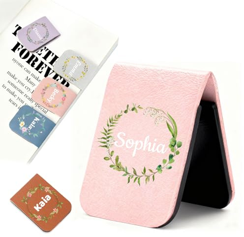 AAQ Marque-Page Magnétique Personnalisé avec Nom et Fleur - Marque-Page Personnalisable en PU Cuir Cadeau pour Amoureux des Livres, Amis, Étudiants et Enseignants (Couronne de fleurs)