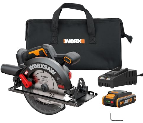 WORX Cordless Circular Saw, 20V 7-1/4-Inch Blade Brushless Circular Saw, Powerful and Faster Cutting with up to 6,100 RPM, Ultra-lightweight Design, 20V 4.0 Ah Battery and Charger Included, PowerShare