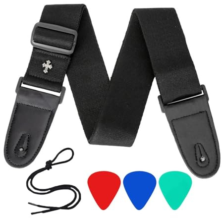 Tracolla per Chitarra e Basso Regolabile 5 cm – Poliestere con Estremità in Pelle, 3 Supporti per Plettri, Design Moderno, Nero, Adatta a Chitarra Acustica, Elettrica e Basso