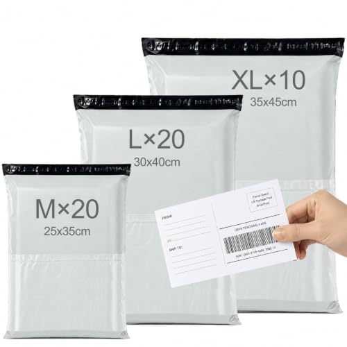 Brysalis 50 Pcs Enveloppe Plastique Expedition avec Pochette pour Bordereau, Auto-Adhésives Pochettes Envoie Colis, Opaque Pochette Expedition Vetement, Sac Emballage Colis(Blanc, M-20, L-20, XL-10)
