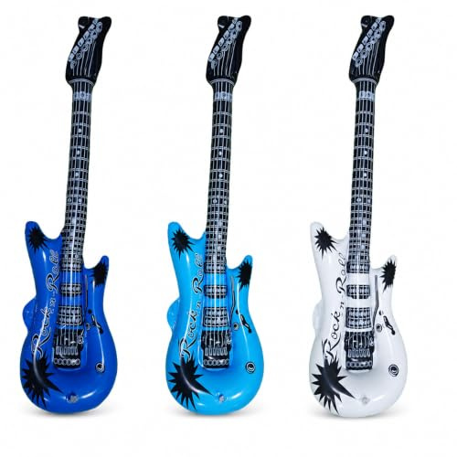 Ovanda Lot de 3 guitares gonflables XXL en bleu, bleu clair, blanc, ballons de fête, accessoires de fête, décoration de fête des années 80 et 90, accessoires pour fête musicale, karaoké