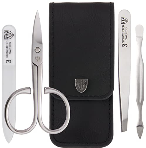 DREI SCHWERTER - Germany 4-tlg. 'NOSTALGIE' | Maniküreset Nagel Set Etui in Echt Leder schwarz | Inhalt: ROSTFREI - Nagelschere, Pinzette, Glasnagelfeile, Doppelinstrument