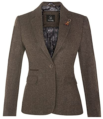 Tru Clothing Blazer para Damas Marrón Clásico de Tweed en Espiga con Coderas Estilo Años ‘20 12