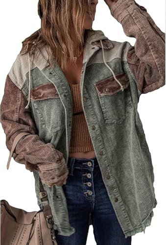 NLAVW Damen Cord Jacke, Brauner Cord Mantel, Langarm Mantel Herbst und Winter Oberbekleidung,Grün,L