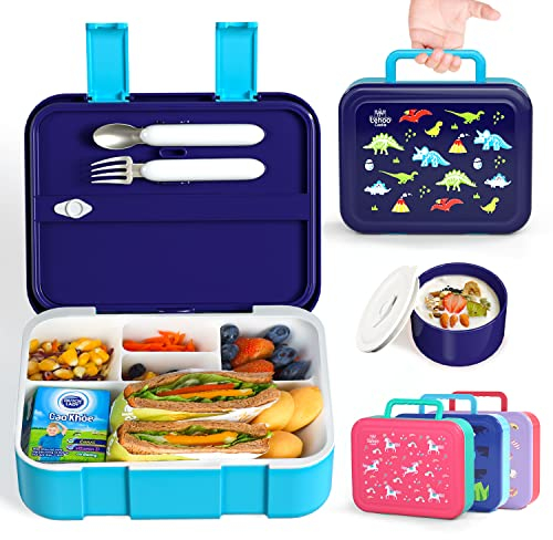 Lehoo Castle Lunchbox Kinder Junge, Brotdose Kinder, 1250ml Bento Box mit Gabel und Löffel, Brotdose Mit Fächern 5 Fächer und Saucenbox, Auslaufsicher, BPA Frei(Dinosaurier)