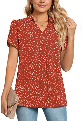 POPYOUNG Plus Size Ladies Tops Chiffon Blouse Business Tunic Petal Short Sleeve Office Shirts for Work 2XL, Orange red dot