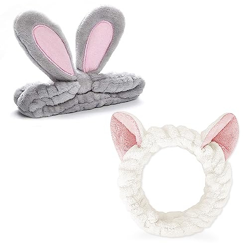 FUKPO - Set di 2 cerchietto per trucco da donna, con fascia per capelli, per trucco, orecchie di coniglio gatto, turbante per capelli, per la pulizia del viso, spa, lavare la doccia, lavare il viso