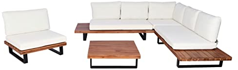 Mendler Garten-Garnitur mit Sessel HWC-H54, Lounge-Set Sofa, Spun Poly Akazie Holz MVG Aluminium - braun, Polster cremeweiß