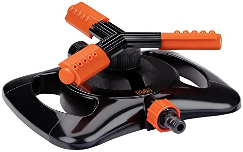 BLACK+DECKER Arroseur de Jardin Oscillant 3 Bras - Arrosage Automatique à 360° - Pulvérisateur pour Tuyau Arrossage - 25 x 24 x 8 cm - Connexion de Tuyau de Jardin - Noir/Orange