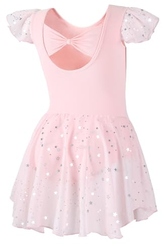 DIPUG Girls Dance Dress Ballet Leotards for Girls Toddler Ballet Outfit Shiny Skirts Ruffle Sleeve and Bow Back Pink Size Kids 6-8 M