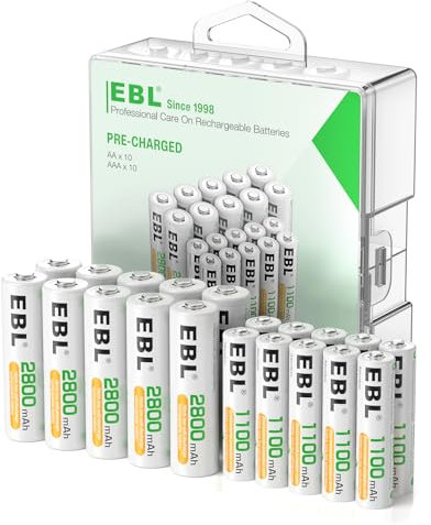 EBL Rechargeable Batteries Combo, AA 2800mAh (10 Counts) and AAA 1100mAh (10 Counts) High Capacity Precharged Ni-MH Rechargeable Batteries with Battery Organizer Storage Box