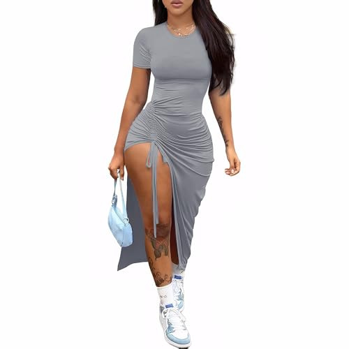 Nimsruc Women Sexy Summer Bodycon Dresses Slit Maxi Party Dress Grey XL