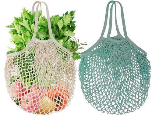 Mordx 2 bolsas de la compra de red reutilizables, bolsas de malla de algodón con asa larga para guardar frutas y verduras, Beige+cyan, 39 cm x 2 cm x 45 cm