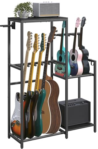 MAHANCRIS Guitar Stand, Multi-Guitar Rack, for Acoustic, Electric Guitar, Bass, Ukulele, for 5 Guitars, Guitar AMP Stand, with Guitar Accessory Holder, EVA Cover, for Home Studio, Black AGSHB8501