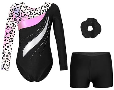 Msemis Leotard långärmad gymnastikdräkt med korta byxor hårband 3-delad gymnastikdräkt för barn, balettdräkt, danskostym
