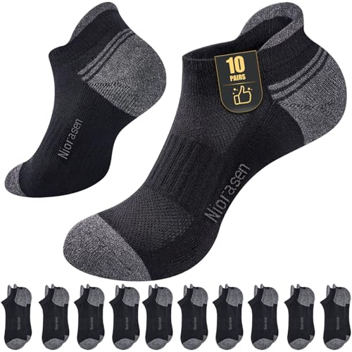 Niorasen 10 Pairs Cushioned Trainer Socks for Men Women, Breathable Running Socks, Comfort Anti-Blister Cotton Athletic Ankle Socks, Low Cut Sports Socks Multipack, Black 9-12