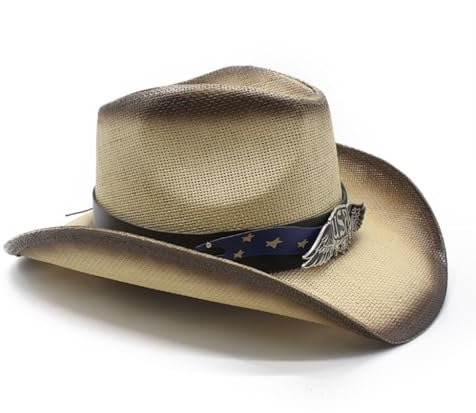 TIANQUXNGI Panama Chapeau de paille Western à large bord pour femme homme tenue décontractée Western paille homme femme unisexe, Riz brun, 1-2
