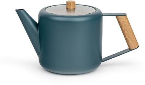 Bredemeijer Teiera blu in acciaio inox, 1,1 l, manico in effetto legno, teiera retrò a doppia parete, per un piacere più lungo e caldo