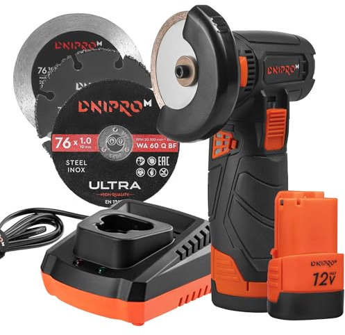Dnipro-M Mini Amoladora Angular Bateria CG-12BC Ultra. Radial Pequeña 12V Brushless 18500 RPM. Kit con 2 Baterías Recargables 2Ah, Cargador Rapido, Maletin, 7 Discos de Corte, Disco de Diamante