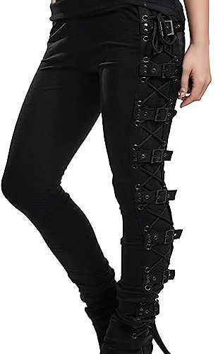 Women's Gothic Clothes Y2K High Waisted Pants Bandage Lace Up Buckle Strap Bottoms Trousers Harajuku Dark Punk Street Rock Style Pants Alternative Clothing Black S