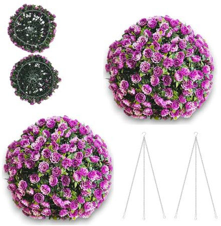Parkland® Pack of 2 Topiary Balls 28cm - Artificial Plant Boxwood Sphere, UV Protected, No Maintenance Fake Leaf, Easy to Assemble Hanging Balls for Patio, Garden, Indoor & Outdoor - Rose Purple