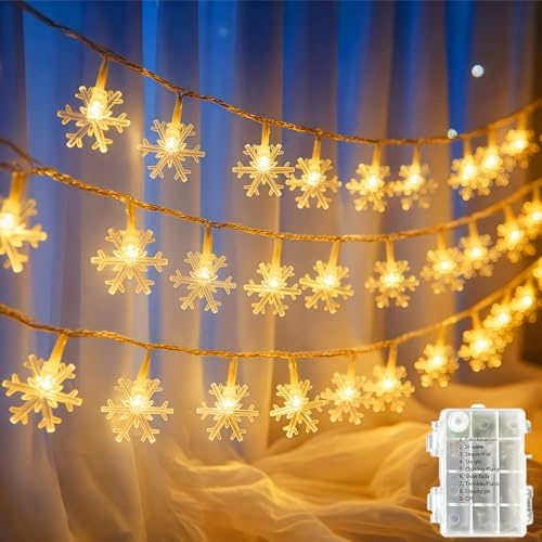 Probuk Luci Stringa Fiocco di Neve 40 LED, Catena Luminosa Natalizia a Batteria 6M, Decorazione Casa Interno ed Esterno per Albero Natale e Feste, Bianco Caldo