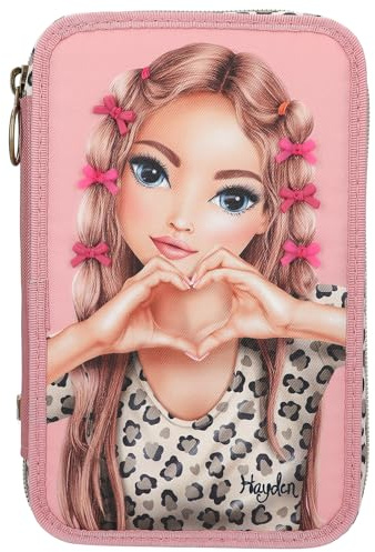 Depesche 13640 TOPModel Leoheart - Estuche de 3 Compartimentos en Rosa, con Motivo de Modelo y Lazos, Estuche con lápices de Colores, Tijeras, Regla y Mucho más.