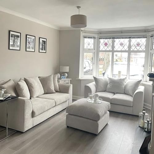 Plush Sofa Set - Soft Fabric Upholstered Corner Settee - Modern 3-Seater & 2-Seater Sofa - Grey Fabric UK Upholstered Corner Sofas For Living Room (Cream, 3+2 Footstool)